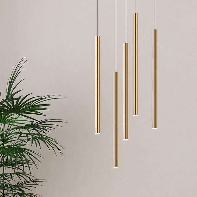 CANALIS 5 Mini Pendant Lighting Brass - LED Hanging Light Fixture for Kitchen Island, Bar, Foyer - Cluster Pendants - Dimmable, Adjustable Wire, Lamp Bulb Included