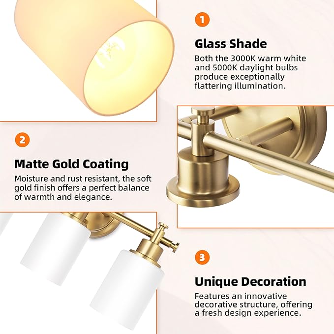 3-Light Gold Bathroom Vanity Light Fixtures, Brushed Gold Wall Sconce, Champagne Gold Vanity Light with Milky White Glass Shade Over Mirror, Bathroom, Bedroom, Modern Style, E26 Base