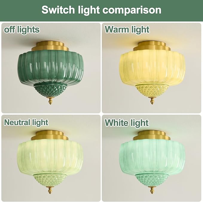 Vintage Ceiling Light Fixture 14 inch Semi Flush Mount Ceiling Light Mid Century Modern Green Glass Ceiling Lamp for Bedroom Kitchen Restaurant Hallway Schoolhouse