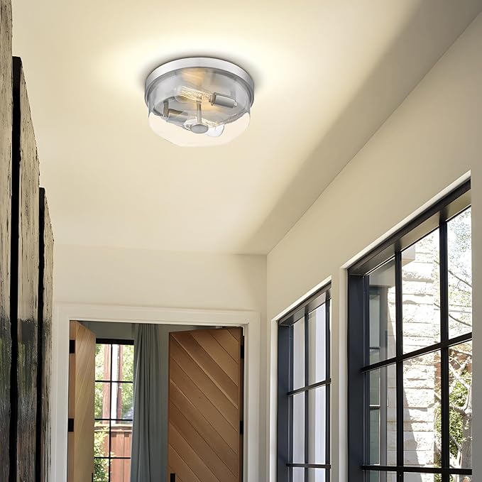 Brushed Nickel Flush Mount Ceiling Light, 2-Light Hallway Light Fixtures, Modern Farmhouse Farmhouse Ceiling Light Clear Glass for Kitchen Porch Entryway Indoor Outdoor