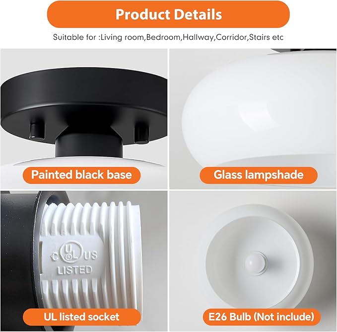 Semi Flush Mount Ceiling Light, Mid Century Modern Black Light Fixture with Milk Glass Shade 8.66''Vintage Ceiling Lamp for Entryway Hallway Foyer, Laundry Room, Schoolhouse