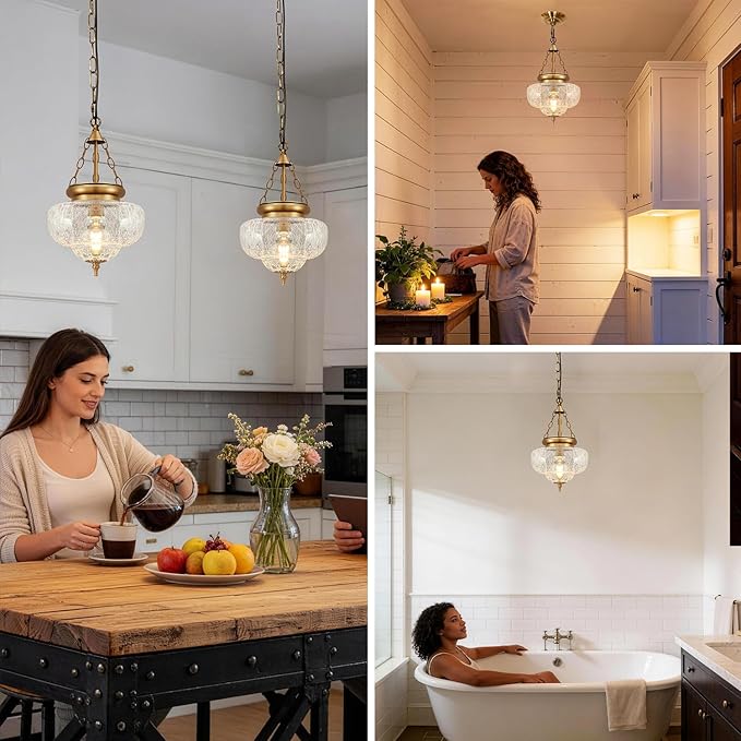 Vintage Pendant Light - Bronze Gold Pendant Lights Kitchen Island with Cracked Glass, Brass Penant Lighting Fixtures with Adjustable Hanging Chain for Kitchen, Dining Room, Entryway