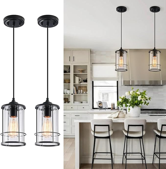 AKEZON Pendant Lights, Black Hanging Light Fixtures Kitchen Island 2 Pack with Clear Glass, Modern Industrial Cage Pendant Lighting for Kitchen Dining Room Entryway Bathroom