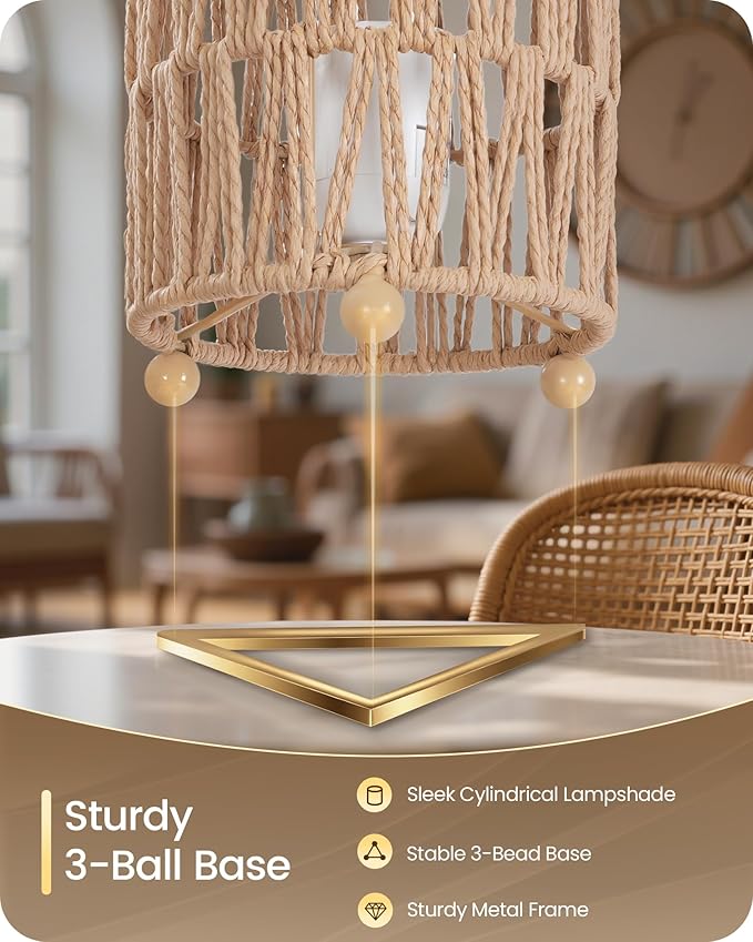 Small Rattan Table Lamps Set of 2, Boho Bedside Lamps Plug in, Handwoven Paper Rattan Lampshade, 2400K LED Bulb Included, Desk Lamp, Nightstand Lamp for Bedroom, Living Room, Mesh H11TLP205
