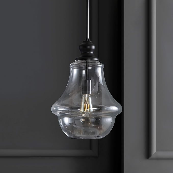 JONATHAN Y 12" Oil Rubbed Bronze 1-Light Iron and Glass Pendant Light, Adjustable Height Schoolhouse for Kitchen Island Foyer, Farmhouse Rustic Style, LED Bulb Included JYL9046B