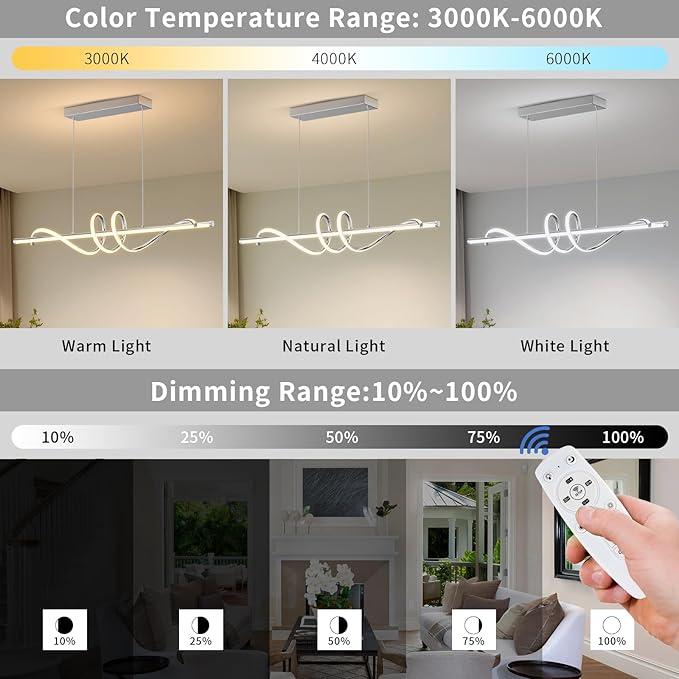 Modern Pendant Light Kitchen Island 39in Dimmable Hanging Lamp 3000k-6000K Adjustable Warm/Nautral/White with Remote Control, Kitchen Island Lighting Chrome Silver