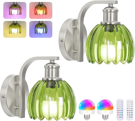 Rechargeable Battery Operated Wall Sconce Set of Two with Green Glass Lampshade, Wireless Wall Scone Decor with Remote Control, 15 Colors Brushed Nickle Wall Light for Bedside Hallway Bedroom Doorway
