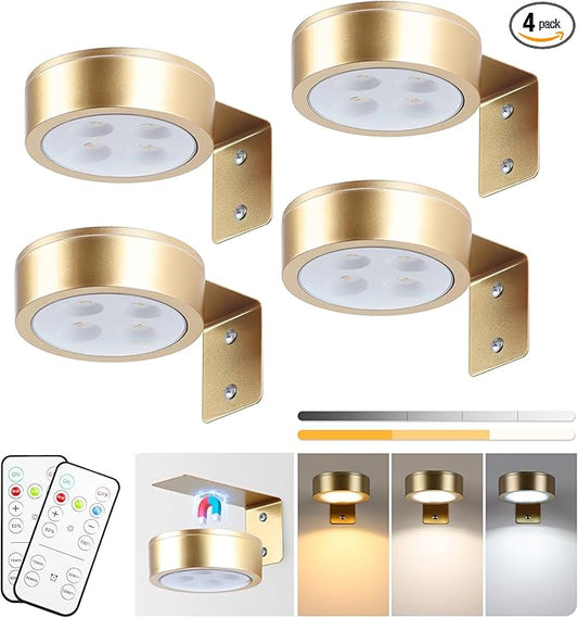 KELUOLY 4-Pack Picture Light Battery Operated Painting Lights for Wall, Magnetic LED Display Art Light with Remote, Dimmable and Timer Portrait Light for Art Frame Artworking, Wall Decor Puck Light