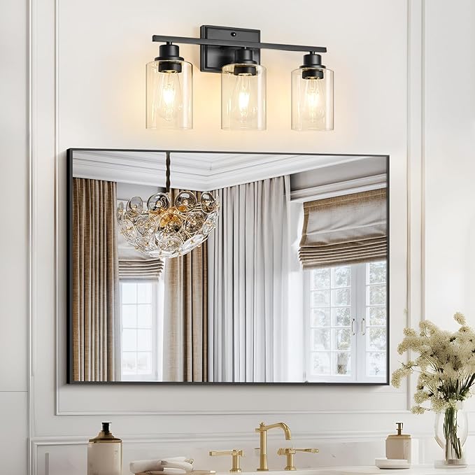 Unicozin 3 Light Bathroom Light Fixtures, Modern Vanity Lights Over Mirror, Black Wall Lamp with Clear Glass for Living Room Cabinet Bedroom Porch