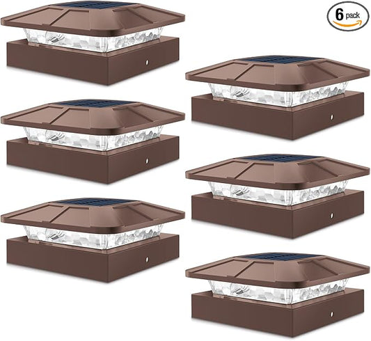Peasur 6 Packs 4x4 Post Solar Lights with 3 Modes, Waterproof LED Solar Cap Lights for 4×4/3.5×3.5 Wood/Vinyl Posts, Brown Post Top Lighting Outdoor for Fence Deck Mailbox Porch Railing