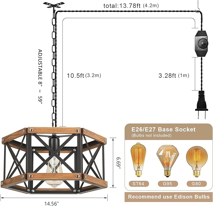 Rustic Farmhouse Plug in Pendant Light Fixture with Adjustable Chain, Dimmable Switch, 14.5 inch Industrial Oak Wood and Metal Cage Hanging Lamp for Kitchen Island Dining Room Farmhouse, Black