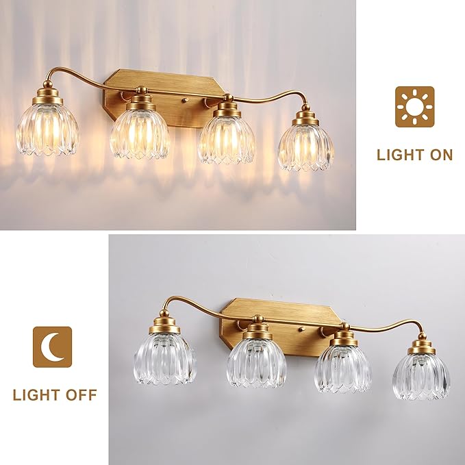 Vintage Bathroom Light Fixtures, 4 Light Gold Bathroom Vanity Light, Matte Antique Brass Finish with Crystal Glass Shade, Wall Sconces Lighting for Bedroom, Living Room, Hallway