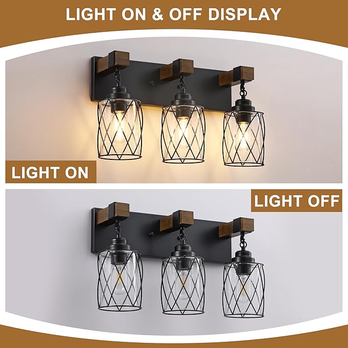Farmhouse Bathroom Light Fixtures, 3 Light Bathroom Vanity Light with Metal and Glass Lampshade, Wood Rustic Lighting Fixtures Over Mirror, Black Wall Sconces for Living Room, Bedroom