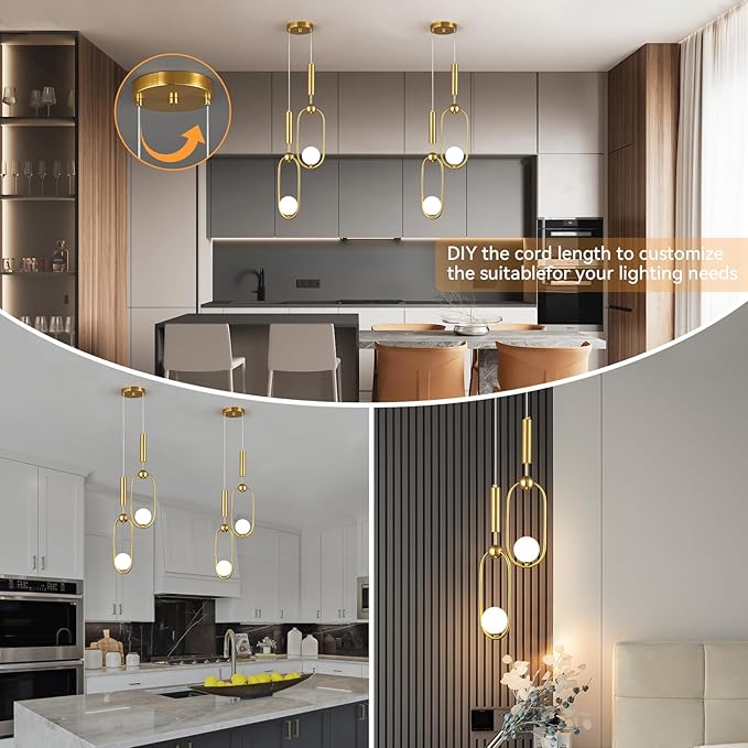 Modern Oblong Glass Pendant Light fixtures 2-Light, Simplicity Gold Pendant Lighting, Mid Century Chandelier for Kitchen Island Dining Room Bedroom Entryway Hallway(1-Pack)