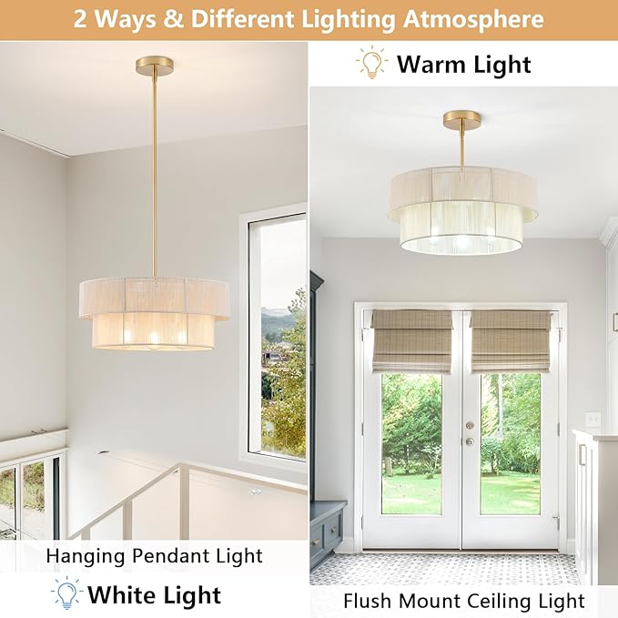 Hand Woven Rattan Chandelier Boho Pendant Light, Adjustable Coastal Hanging Light for Kitchen Island Dining Room Living Room, White, UL Listed
