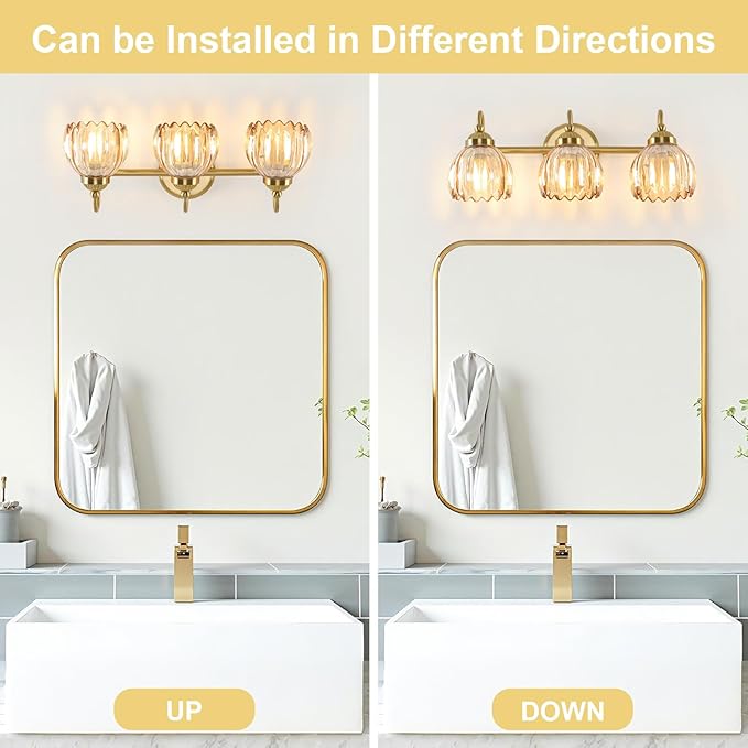 Vintage Bathroom Light Fixtures, Brass Vanity Lights with Amber Tulip Glass Shade, Vanity Sconces for Bathroom Bedroom Living Room Hallway, 3-Light