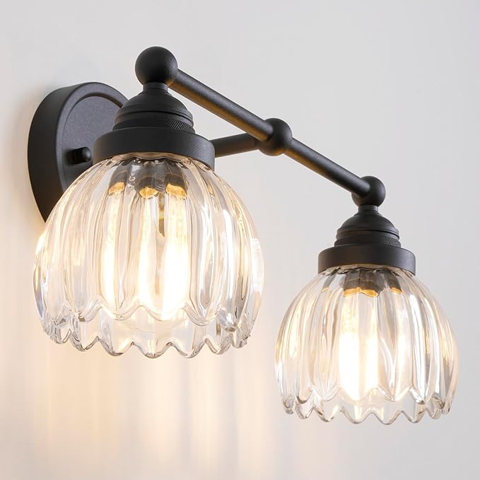 Vintage Double Arm Tulip Glass Wall Sconce Lighting, 2-Lights Bathroom Vanity Light Fixture for Hallway Bedroom Living Room Bedside Nightstands Lights