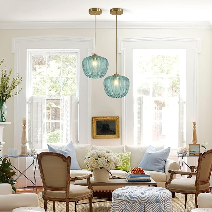 KCO Lighting Vintage Green Glass Pendant Light Gold Globe Pendant Lights Mid Century Modern Hanging Light Retro Pendant Light Fixtures