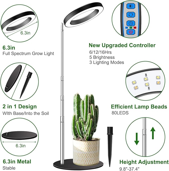 Aokrean Grow Lights, Full Spectrum Plant Light for Indoor Plants, 2 in 1 Design 6.3in Desktop Growing Lamp with Auto Timer for 6/12/16Hrs,3 Optional Spectrums,5 Brightness,Height Adjustable 9.8"-37.4"