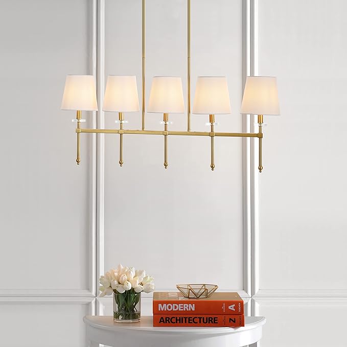 JONATHAN Y 38.5" Brass Gold 5-Light Iron Linear Pendant, Modern Midcentury Chandelier with White Linen Shades for Kitchen Island Dining Room, LED Bulbs Included JYL9919A