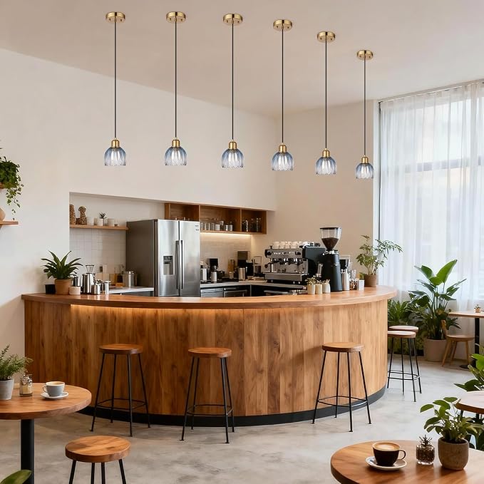 TALOYA Pendant Light 3 Pack with Blue Tulip Glass Lmapshade, Brass Vintage Pendant Light Adjustable Hanging Light for Kitchen Island Bedroom Dining Room Hallway& Bar