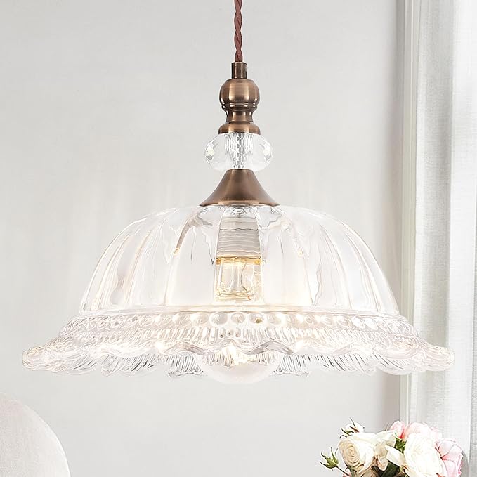 Vintage Pendant Light Fixtures for Kitchen Island Brass Gold 10.6" Glass Small Pendant Lights Adjustable Hanging Light for Hallway Porch Sink Table