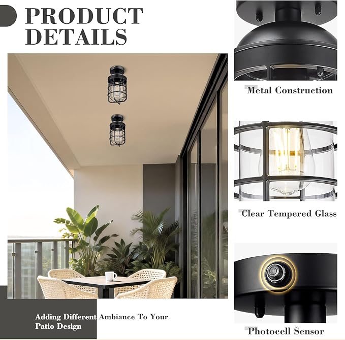 Emliviar Dusk to Dawn 2 Pack Semi Flush Mount Ceiling Lamps with Clear Tempered Glass Shade, Modern Black Metal Cage Ceiling Lights with Photocell Sensor, GE255LF-PC-2 BK