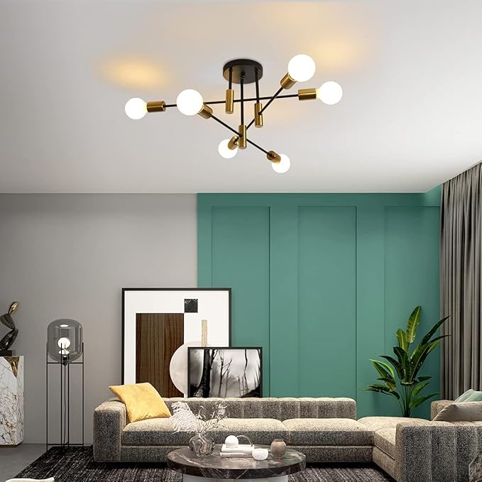 Garwarm Ceiling Light Fixture, 6-Lights Black and Gold Mid Century Semi Flush Mount Ceiling Light,Modern Sputnik Chandelier for Kitchen Dining Room Bedroom Entryway Hallway