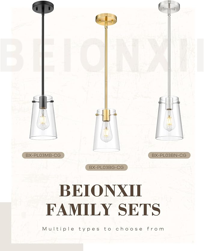 Beionxii Matte Black Pendant Light Fixtures, Pendant Lights Kitchen Island with Clear Glass, Modern Kitchen Pendant Lighting Over Island for Sink, Dining Room, Entryway, BX-PL03MB-CG