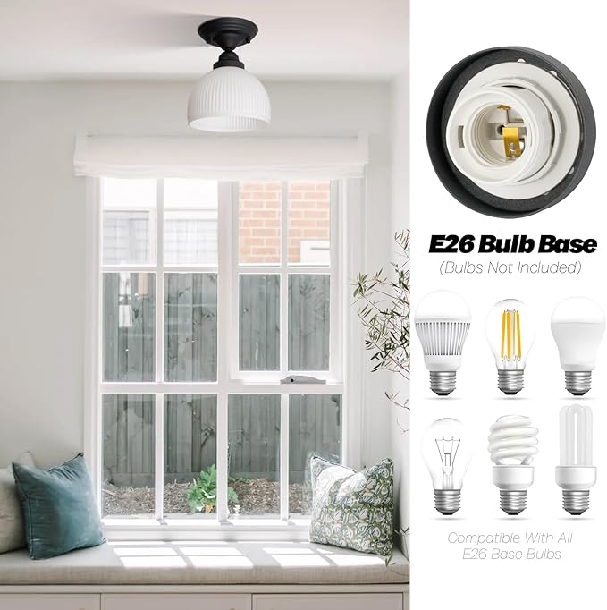 Industrial Flush Mount Ceiling Light with White Striped Globe Glass Lampshade, Vintage Glass Close to Ceiling Light Fixture for Kitchen Island Bedroom Entryway Stairwell