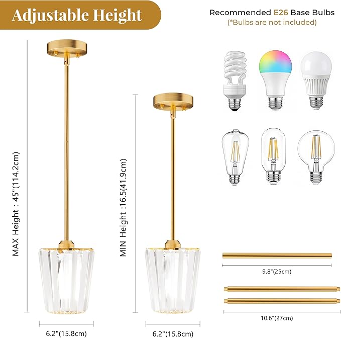 Crystal Pendant Lights Kitchen Island 2 Pack, Modern Gold Pendant Light Fixtures Mini Adjustable Chandeliers for Kitchen Island Dinning Room Bedroom Hallway with E26 Base (Bulbs Not Included)