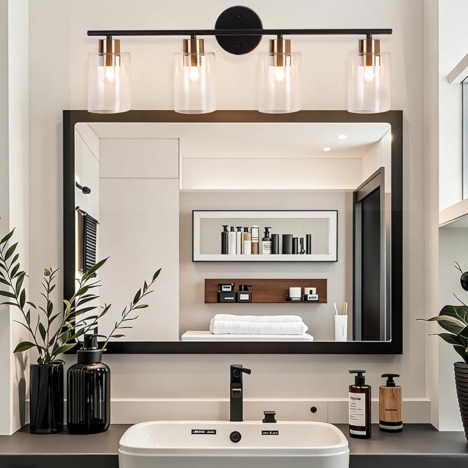Bathroom Vanity Light, 4-Light Modern Black and Gold Wall Sconce Lighting with Clear Glass Shade, Wall Lights Fixtures Over Mirror, Bath Vintage Wall Mounted Lamps for Bedroom,Living Room