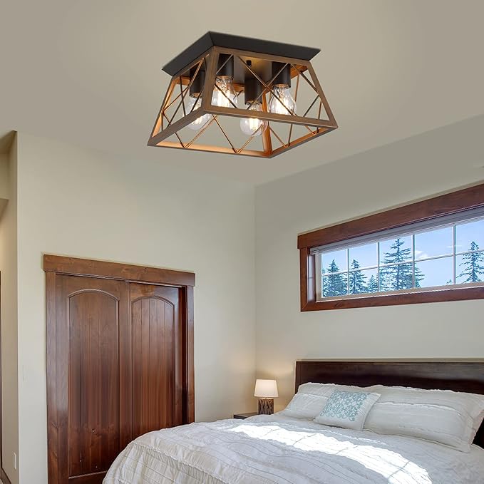 Q&S Semi Flush Mount Vintage 4-Light Bronze Farmhouse Ceiling Light Geometric Rustic Island Light Fixtures for Entryway Hallway Dining Room Living Room Bedroom