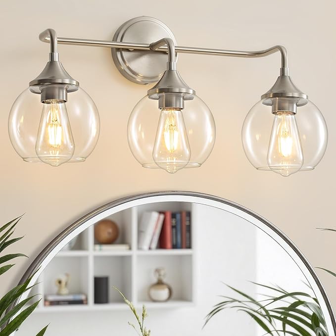 Bathroom Light Fixtures 3 Light Bathroom Vanity Light with Clear Glass Shade, 22 inch Vanity Lighting Fixtures Over Mirror, Vanity Lights Fixture (Exclude E26 Bulb) - Brushed Nickel