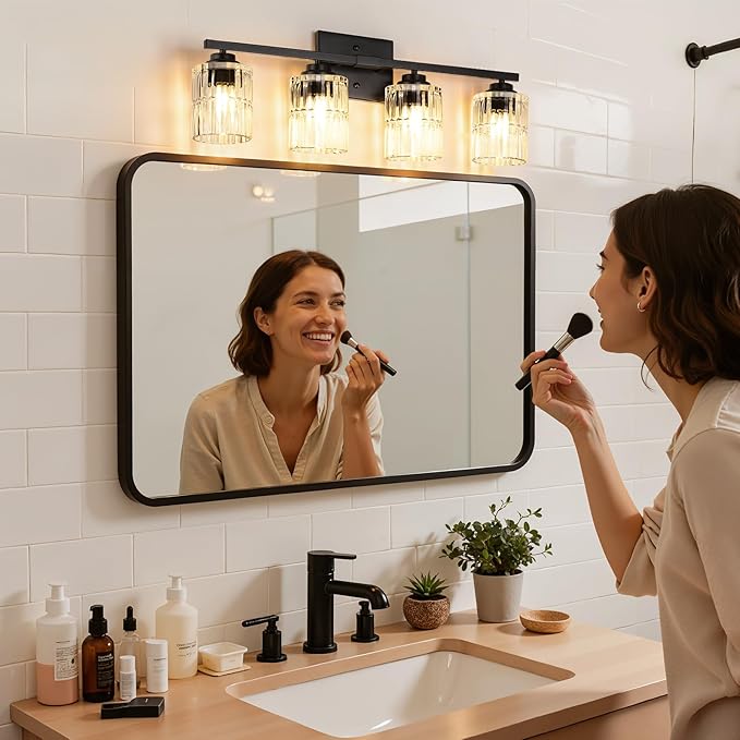TALOYA 27 Inch Brushed Black Bathroom Light Fixtures with Thickend Clear Tapered Glass Shade, 4-Light Modern Vanity Light Over Mirror for Bathrooms, Bedrooms (Bulbs Not Included)