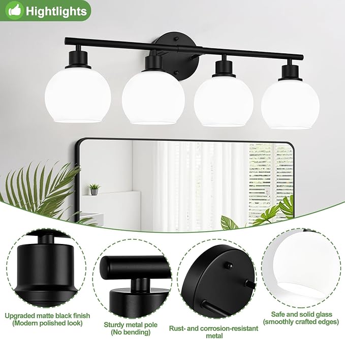 Indoi 4-Light Bathroom Light Fixtures, Black Bathroom Lights Over Mirror with Milky White Frosted Glass Globe Shade, Vanity Lights for Bathroom Kitchen Living Room Hallway Cabinet Bedroom Porch