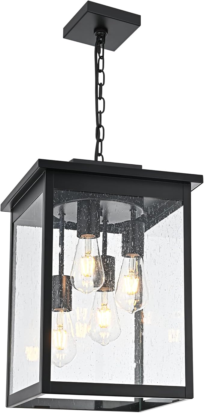 TODOLUZ 4-Lights Large Outdoor Pendant Light Fixture, Farmhouse Waterproof Black Porch Hanging Lighting with Adjustable Chain, Seeded Glass Panel & E26 Bulb Base for Patio Garden Entryway
