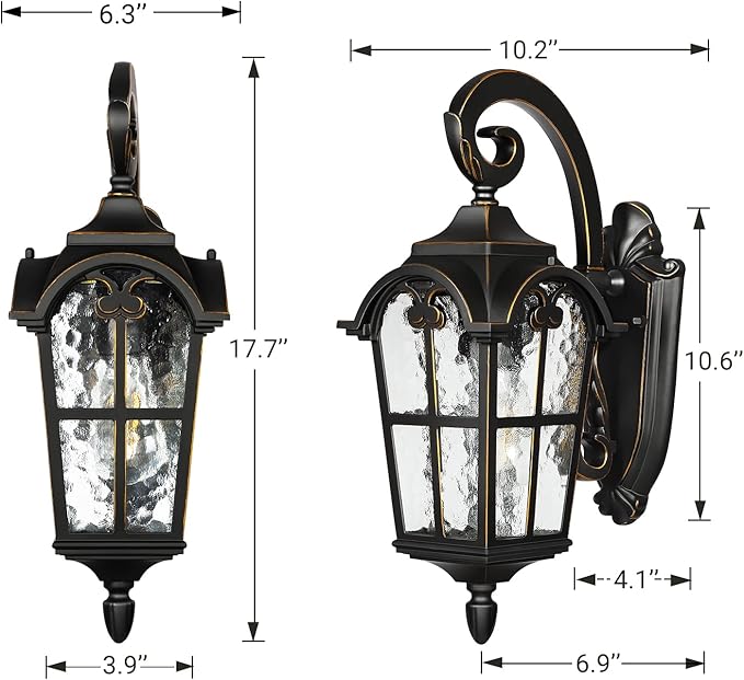 DEWENWILS Outdoor Wall Light Fixtures, Black Roman 17.7" H Exterior Wall Lantern, Anti-Rust & Waterproof, Water Ripple Glass, Outside Wall Sconce Porch Light for House, Garage