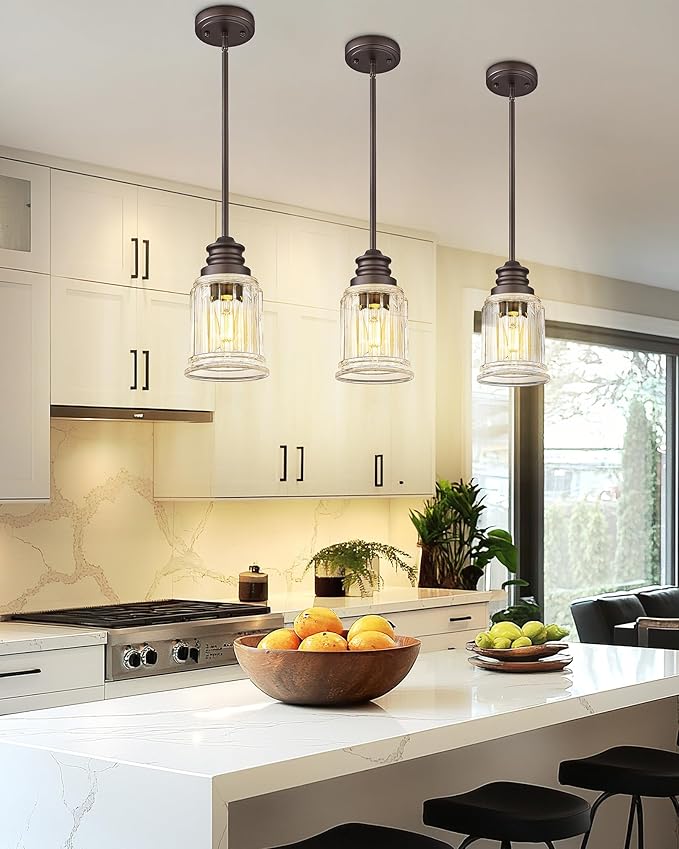 Farmhouse Pendant Light for Kitchen Island, HWH Oil-Rubbed Bronze Finish Pendant Light, Single 1-Light Hanging Light Fixture, Bell-Shaped Fluted Clear Glass, 5HZG106MIL-L ORB