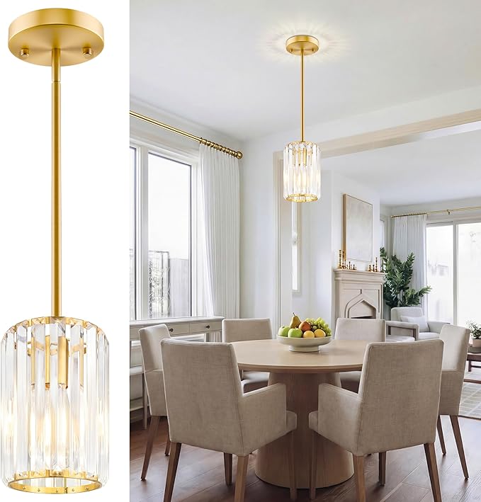 Gold Pendant Light, Modern Crystal Pendant Lights Kitchen Island, Kitchen Island Lighting with Adjustable Height, UL Certified Island Lights for Kitchen Dining Room Bedroom Hallway 1 Pack