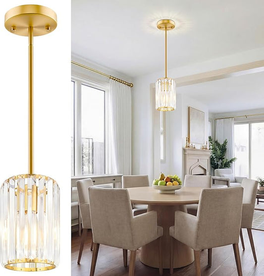 Gold Pendant Light, Modern Crystal Pendant Lights Kitchen Island, Kitchen Island Lighting with Adjustable Height, UL Certified Island Lights for Kitchen Dining Room Bedroom Hallway 1 Pack
