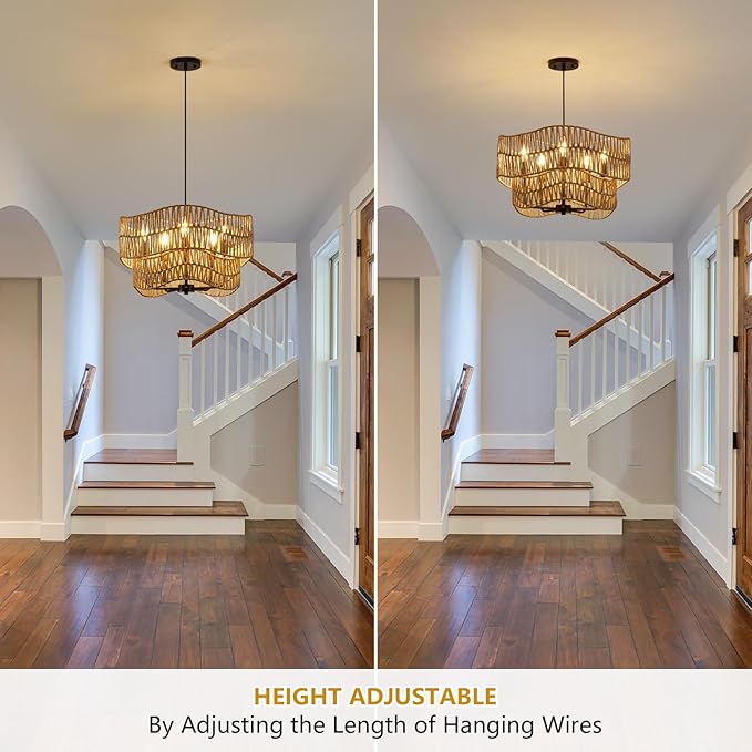 19.68" Large Rattan Chandelier, 5-Light Hand Woven Pendant Light Fixture, Farmhouse Boho Chandeliers, Adjustable Wicker Hanging Ceiling Lamp for Kitchen Bedroom Living Room Hallway Foyer