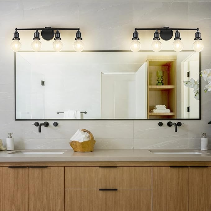 4-Light Vanity Light Fixture, Industrial Black Wall Sconce Lighting Fixture, Farmhouse Bathroom Wall Light, Vintage E26 Base Wall Lamp for Mirror Cabinet(Bulb Not Included)