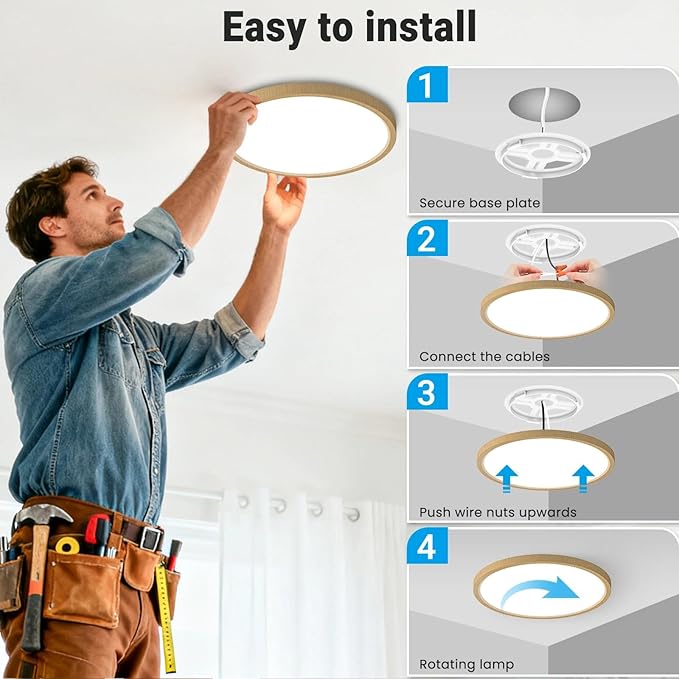LED Flush Mount Ceiling Light,7Inch 15W,3000K/3500K/4000K/5000K/6500K 5 Color Temperatures Ceiling Light Fixture for Kitchen Porch Hallway Bedroom Bathroom and Closet,Wood
