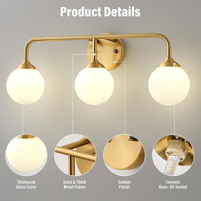 Bathroom Light Fixtures - 3 Light Brushed Brass Vanity Light Over Mirror for Bathroom Mirror Living Room Bedroom, Gold Bathroom Wall Sconce with Frosted Glass Shade, 3 G9 Bulbs Included