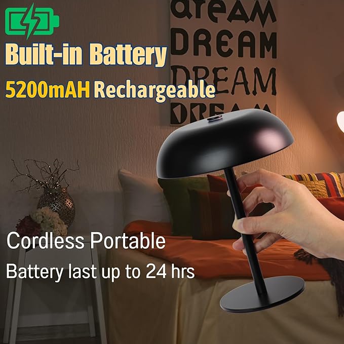 2 Pack Cordless Mushroom Table Lamp with 5200mAh Rechargeable Battery, Portable LED Night Light with Stepless Dimming, 3 Color Modes for Bedroom, Patio, Bar Decor and Coffee Shop Ambiance (Black)