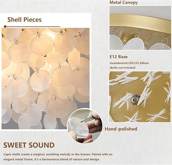 3-Lights Capiz Shell Ceiling Light Fixtures, Gold Boho Flush Mount Ceiling Light for Living Room, Bedroom, Kitchen Island, Foyer, Entryway, Seashell Coastal