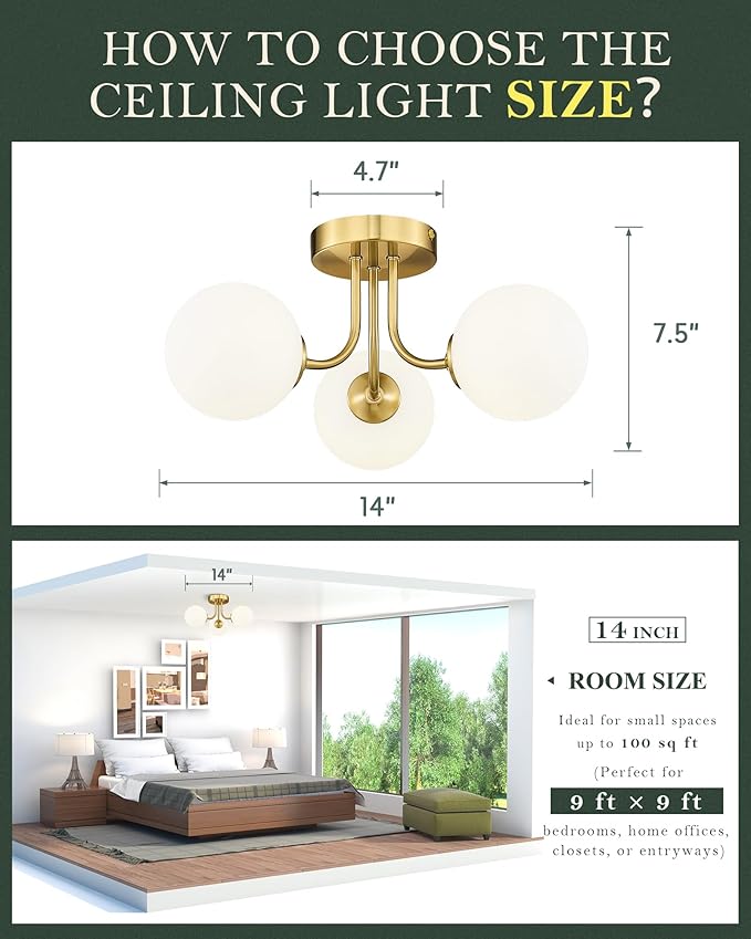 3-Globe Gold Semi Flush Mount Ceiling Light in a Modern Farmhouse Design is Ideal for Living Rooms, Bedrooms, or Dining Rooms. Model:CKCL4845-3W-PG.(Bulb Incl)