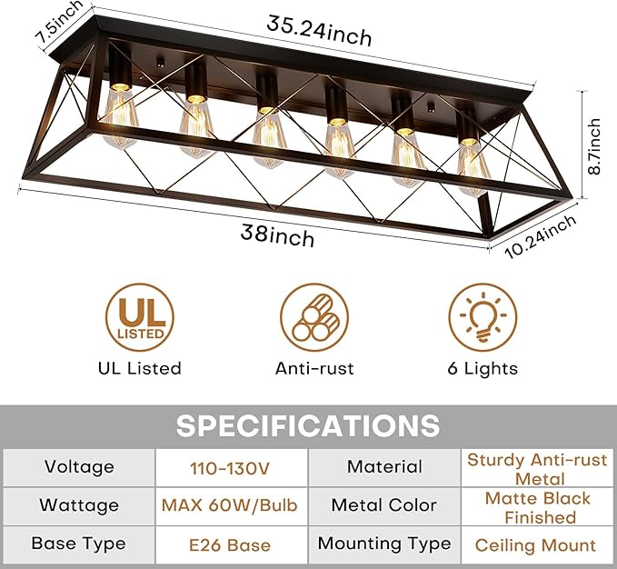 38” Large Black Flush Mount Ceiling Light Fixture, 6-Light Vintage Industrial Cage Chandelier for Dining Room, Kitchen Island, Living Room, Hallway, Dimmable Semi Flush Mount Close to Ceiling Lighting