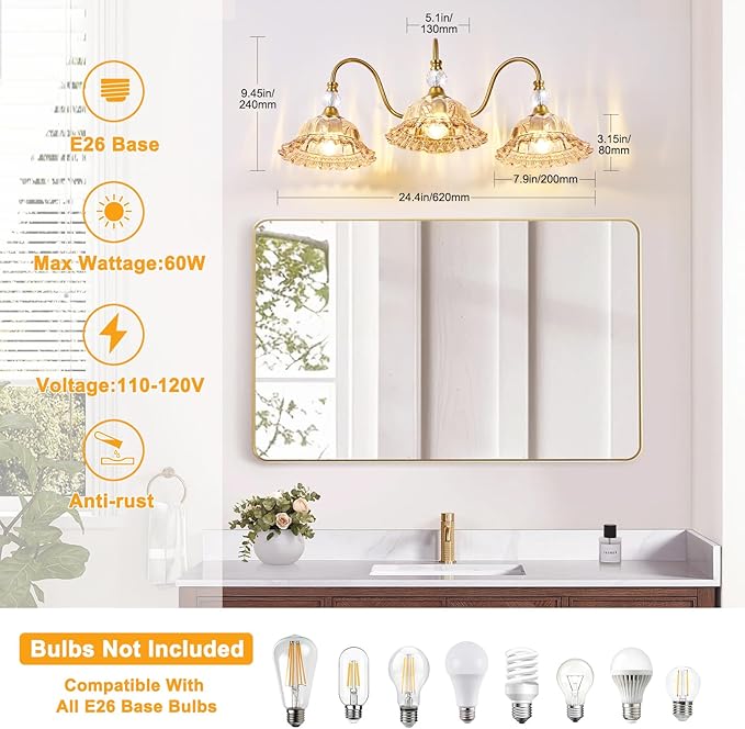 Mid Century Bathroom Light Fixtures 3 Lights Brushed Gold Vanity Lights for Bathroom with Floral Amber Crystal Glass Shade Bathroom Vanity Lighting Fixtures Over Mirror for Bedroom Living Room Hallway